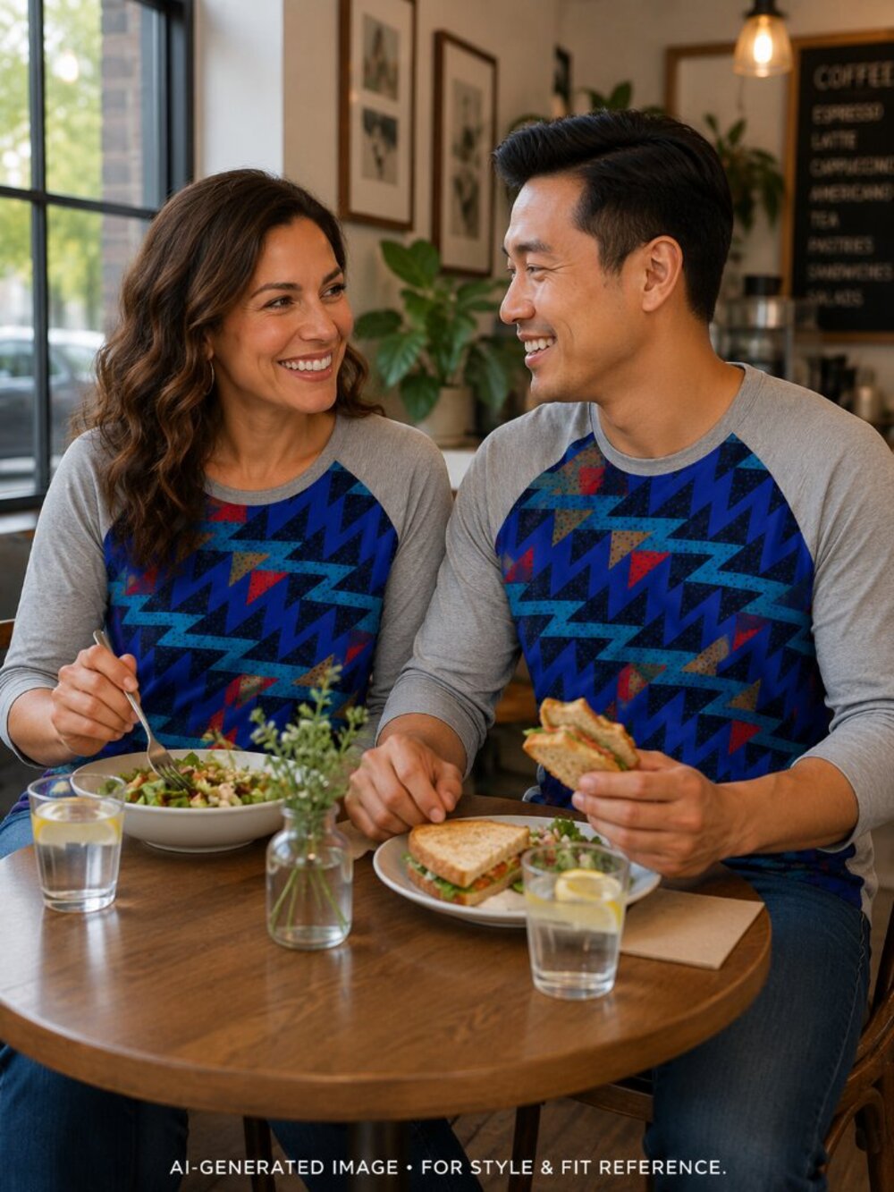 LuLaRoe Blue Geometric Print Gray Raglan Randy T - Picture 2 of 6